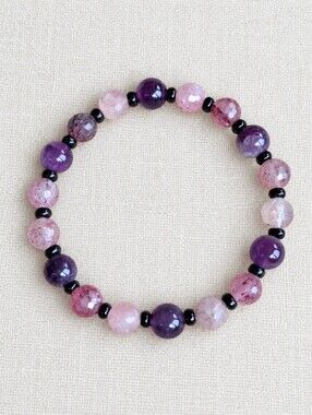Amethyst & Strawberry Quartz Beaded Stretch Bracelet | Handmade